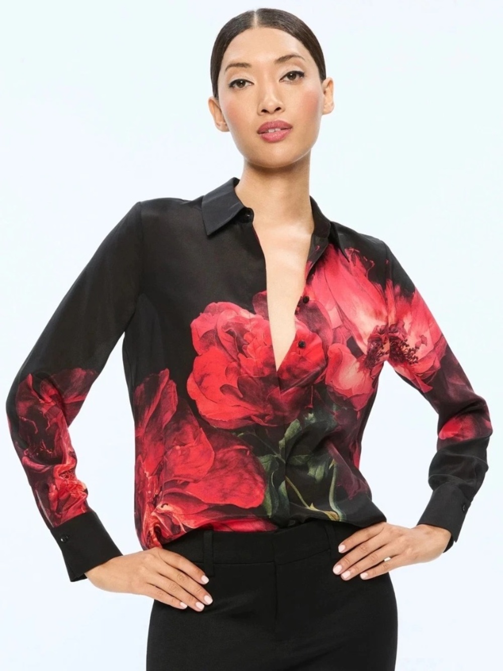Alice + Olivia Brady Slim Peony Floral Silk Blouse size S